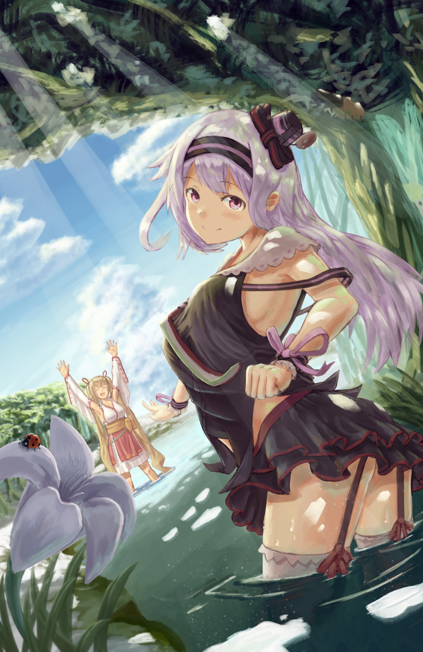 .live 2girls absurdres armpits artist_request black_shirt blue_sky breasts bug carro_pino closed_eyes clouds cloudy_sky detached_sleeves flower forest frilled_wrist_cuffs hair_ornament hands_up head_tilt highres huge_filesize insect japanese_clothes kongou_iroha ladybug lily_(flower) long_hair looking_at_viewer miko multiple_girls nature partially_submerged pond purple_hair purple_ribbon ribbon shirt sideboob sky standing thigh-highs thighs tree violet_eyes virtual_youtuber water white_flower white_legwear wrist_cuffs