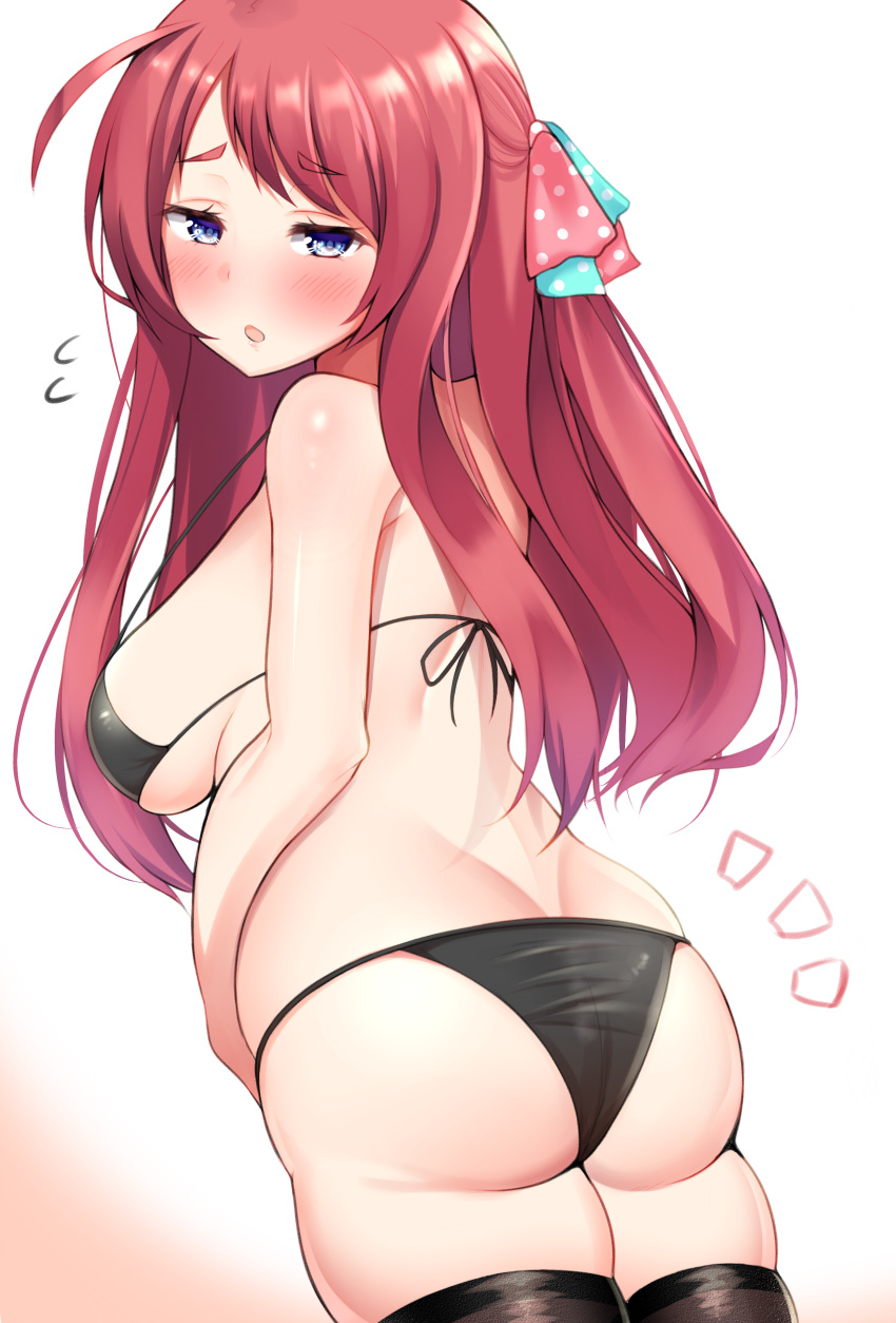 1girl :o absurdres ahoge ass bangs bare_shoulders bikini black_bikini black_legwear blue_eyes blush bow breasts butt_crack cowboy_shot eyebrows_visible_through_hair from_side h3po4_chiba half-closed_eyes highres large_breasts long_hair looking_at_viewer micro_bikini minamoto_sakura open_mouth polka_dot polka_dot_bow redhead sideboob simple_background solo standing striped striped_bikini swept_bangs swimsuit thigh-highs under_boob white_background zombie_land_saga