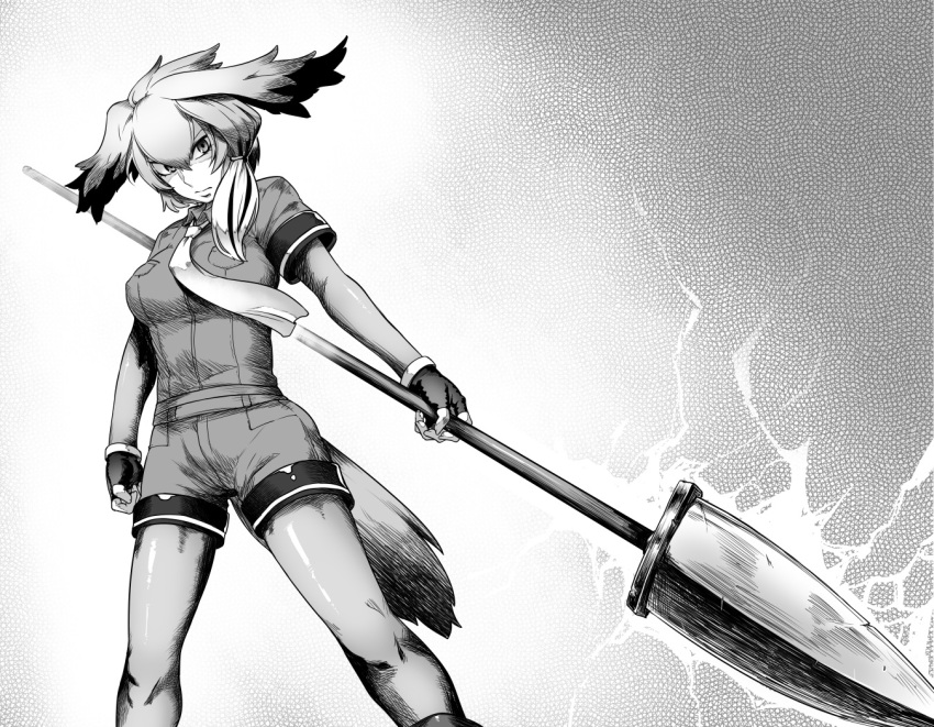 1girl arm_at_side bangs bird_tail bodystocking breast_pocket clenched_hand collared_shirt cowboy_shot energy fingerless_gloves floating_hair gloves greyscale hair_between_eyes holding holding_spear holding_weapon kemono_friends long_hair long_sleeves looking_at_viewer low_ponytail monochrome multicolored_hair necktie outstretched_arm pocket polearm serious shirt shoebill_(kemono_friends) short_over_long_sleeves short_sleeves shorts side_ponytail solo spear standing toritora weapon wing_collar