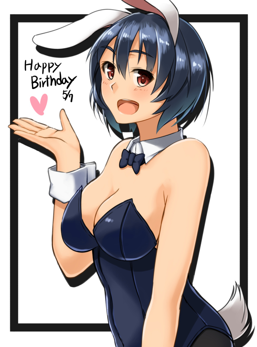 1girl animal_ears bare_shoulders black_hair black_legwear brave_witches breasts brown_eyes bunnysuit cleavage cowboy_shot detached_collar happy_birthday heart highres hiroshi_(hunter-of-kct) medium_breasts pantyhose rabbit_ears shimohara_sadako short_hair solo strike_witches white_background world_witches_series wrist_cuffs
