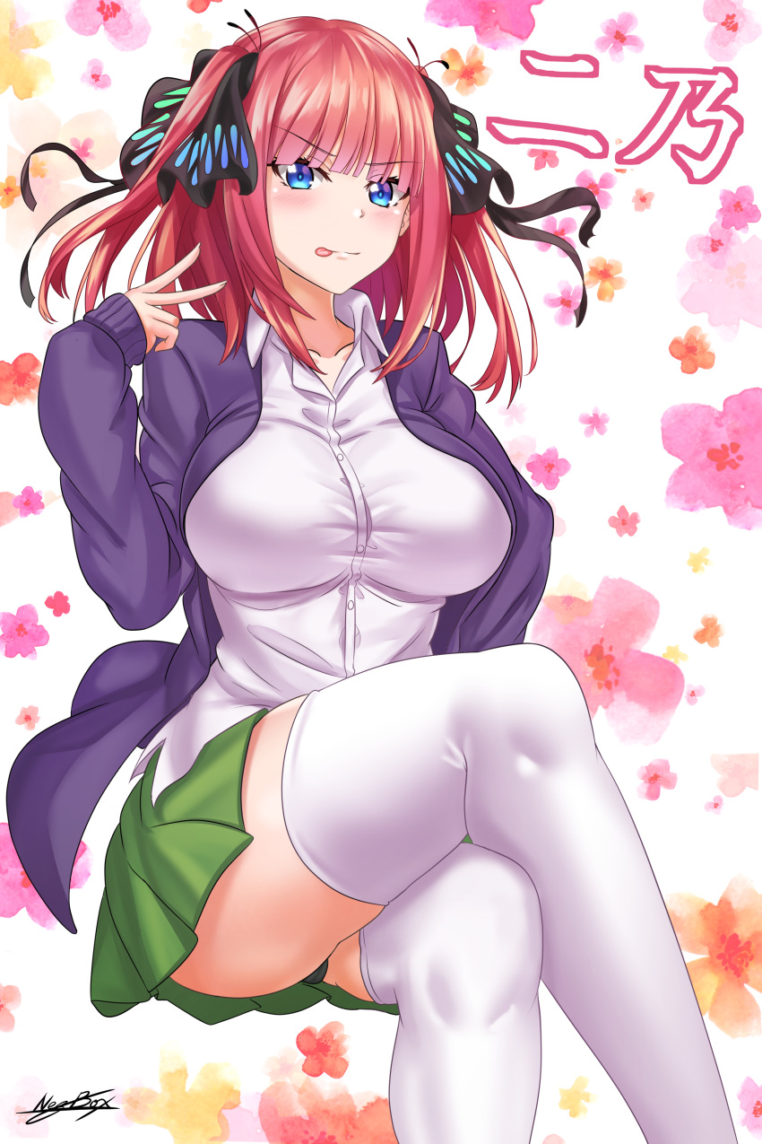 1girl :p absurdres bangs black_panties blue_cardigan blue_eyes blunt_bangs breasts cardigan character_name eyebrows_visible_through_hair floral_background furrowed_eyebrows go-toubun_no_hanayome green_skirt hair_ribbon highres large_breasts legs_crossed long_sleeves looking_at_viewer nakano_nino nez-kun open_cardigan open_clothes panties pantyshot pantyshot_(sitting) pink_hair pleated_skirt ribbon school_uniform shirt short_hair sitting skirt solo thick_thighs thigh-highs thighs tongue tongue_out underwear v white_legwear white_shirt