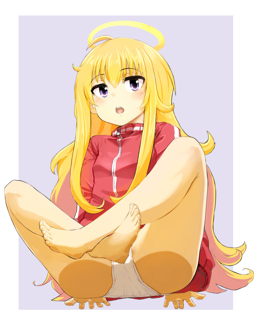 1girl ahoge ass_press bangs bare_legs barefoot blonde_hair blush border breasts commentary_request crossed_ankles eyebrows_visible_through_hair feet from_below gabriel_dropout grey_background halo highres indian_style invisible_floor jacket long_hair long_sleeves looking_at_viewer momo_(higanbana_and_girl) no_pants open_mouth outside_border palms panties raised_eyebrows red_jacket simple_background sitting small_breasts solo spread_fingers tenma_gabriel_white toenails toes track_jacket underwear violet_eyes white_border white_panties zipper_pull_tab