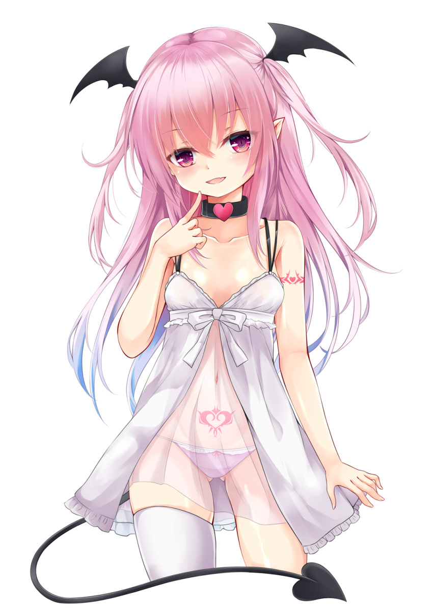 1girl :d arm_at_side arm_tattoo babydoll bangs bare_shoulders black_wings blue_hair bow breasts collar collarbone cropped_legs demon_girl demon_tail eyebrows_visible_through_hair fang frills gluteal_fold gradient_hair hand_up head_tilt head_wings heart heart_in_eye highres long_hair multicolored_hair navel open_mouth original panties pink_hair pink_panties pointing pointing_at_self see-through simple_background single_thighhigh siroyuki small_breasts smile solo stomach succubus symbol_in_eye tail tattoo thigh-highs two_side_up underwear underwear_only violet_eyes white_background white_bow white_legwear wings