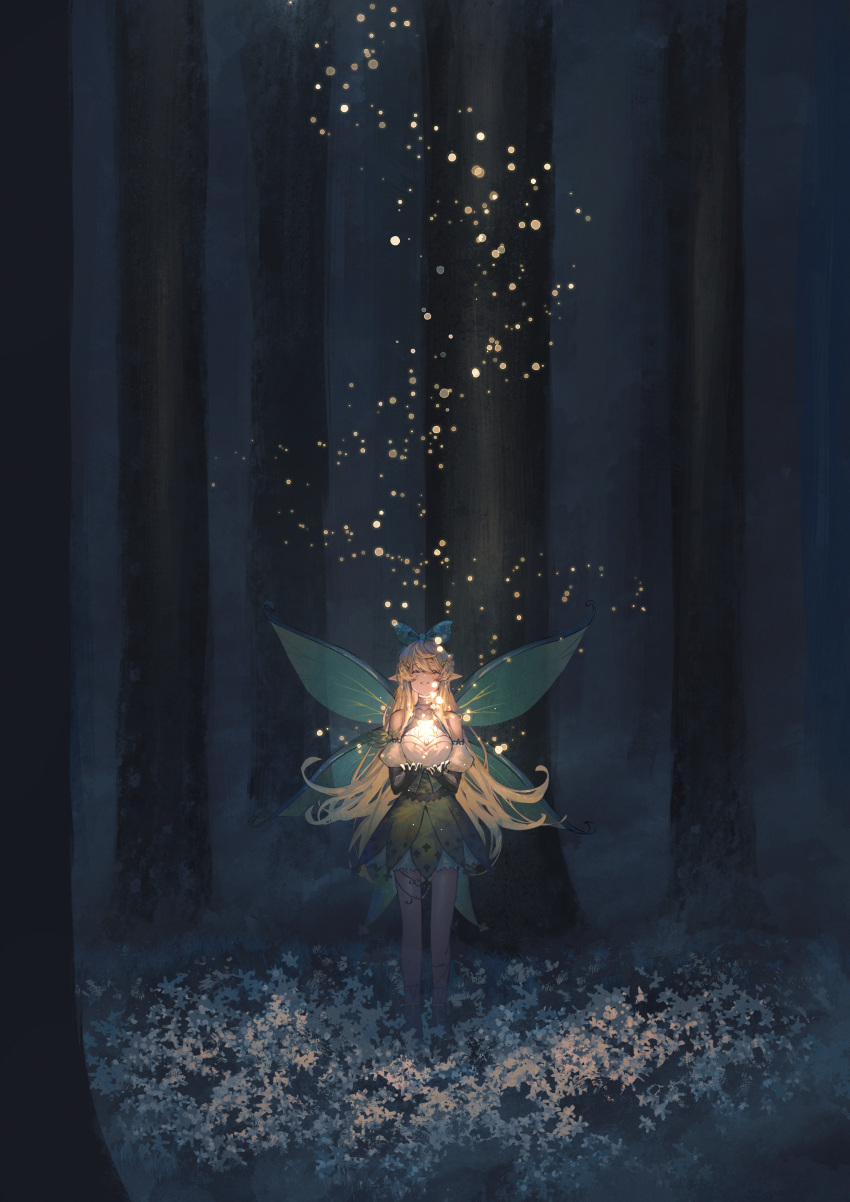 1girl absurdres bare_legs bare_shoulders betabeet black_gloves black_skirt blonde_hair closed_eyes commentary detached_sleeves elbow_gloves english_commentary fairy_wings full_body gloves grass green_ribbon hands_up high-waist_skirt highres light_particles long_hair looking_up night nijisanji nijisanji_en outdoors pointy_ears pomu_rainpuff pomu_rainpuff_(1st_costume) puffy_short_sleeves puffy_sleeves ribbon shirt short_sleeves skirt smile solo tree virtual_youtuber white_shirt wings