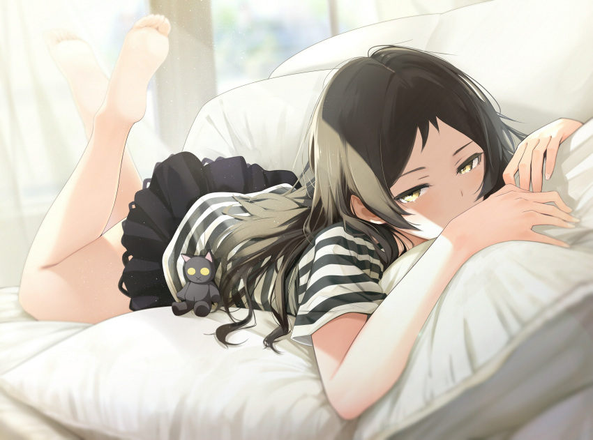 1girl absurdres bangs bare_legs barefoot black_skirt blurry blurry_background blush brown_eyes brown_hair covered_mouth feet_up giba_(out-low) half-closed_eyes highres horizontal_stripes idolmaster idolmaster_million_live! idolmaster_million_live!_theater_days kitazawa_shiho light_particles long_hair looking_at_viewer lying on_stomach parted_bangs pillow shirt sidelocks skirt solo striped striped_shirt stuffed_animal stuffed_toy sunlight tsurime window
