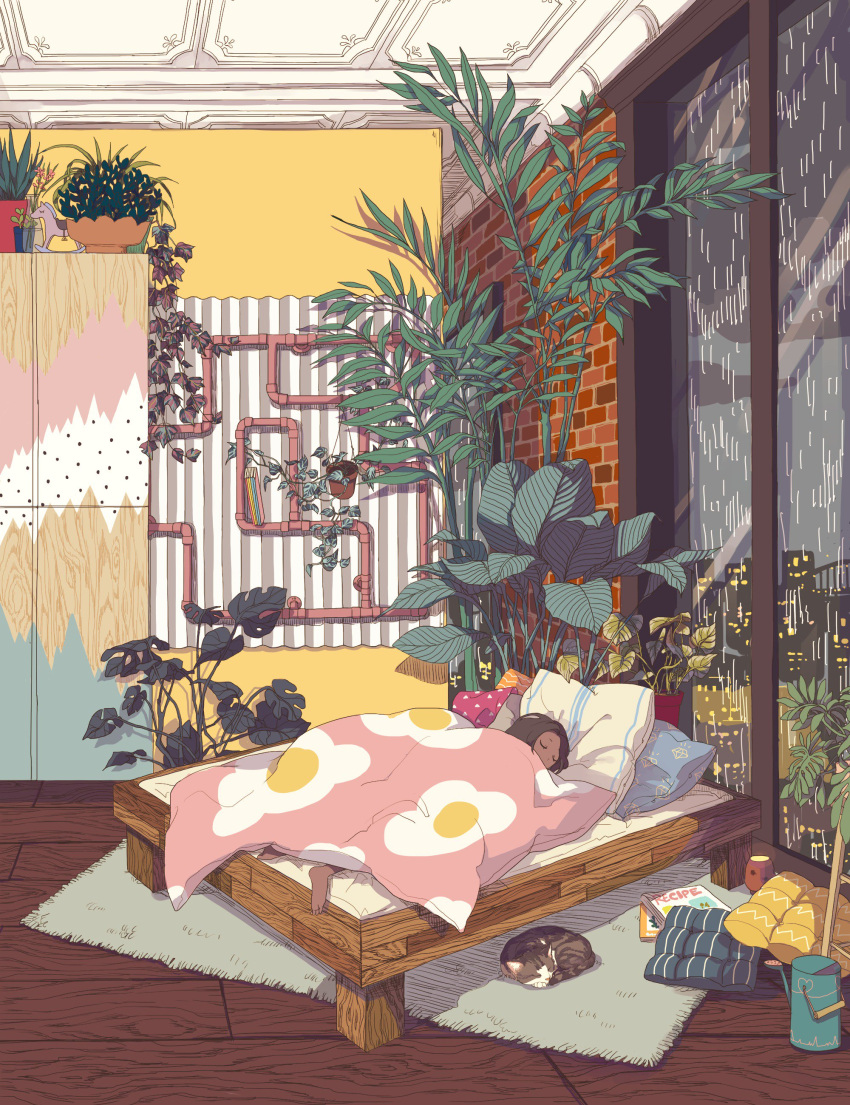 1girl absurdres bed bed_sheet bedroom cat city clouds dark_skin feet grey_sky highres indoors leaf mochipanko night night_sky original pillow pipes plant potted_plant rain rug sky sleeping solo window