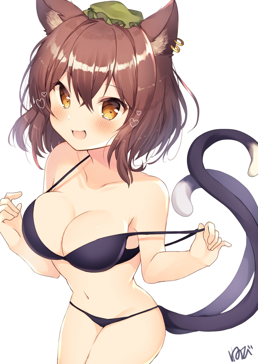 1girl :d absurdres alternate_breast_size animal_ear_fluff animal_ears artist_name bangs bare_arms bare_shoulders bikini black_bikini blush breasts brown_hair cat_ears cat_tail chen collarbone commentary_request cowboy_shot eyebrows_visible_through_hair green_hat hair_between_eyes hands_up hat heart highres large_breasts mini_hat mob_cap multiple_tails navel nekomata nenobi_(nenorium) open_mouth short_hair signature simple_background smile solo standing stomach strap_pull swimsuit tail thighs touhou two_tails white_background yellow_eyes