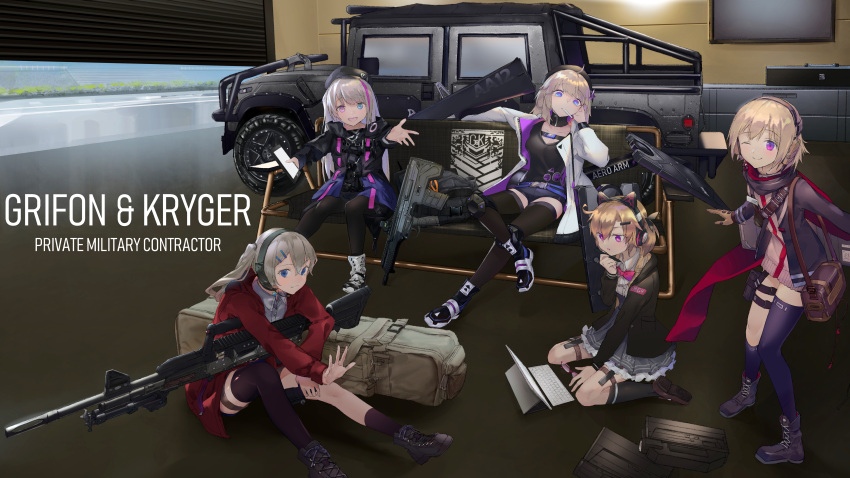 5girls 6ml aa-12_(girls_frontline) absurdres cat_ear_headphones fmg-9_(girls_frontline) garage girls_frontline ground_vehicle gun headphones highres huge_filesize humvee ipad lwmmg_(girls_frontline) machine_gun mdr_(girls_frontline) motor_vehicle multiple_girls rifle scw_(girls_frontline) shotgun submachine_gun tablet_pc television weapon