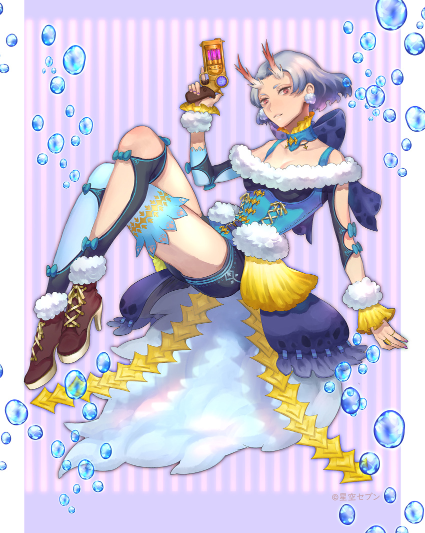 absurdres asymmetrical_legwear blue_bow blue_choker blue_legwear blue_skirt bow breasts brown_footwear bubble choker earrings food_fantasy fugo_no_shako_(food_fantasy) fur_trim gun handgun high_heels highres holding holding_gun holding_weapon horns jewelry kneehighs legs_crossed pink_eyes purple_hair revolver sevenlions short_hair single_kneehigh single_thighhigh sitting skirt small_breasts striped striped_background thigh-highs weapon wristband