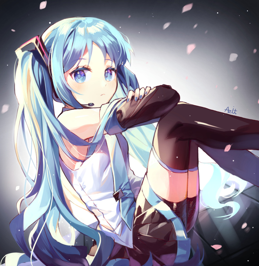 1girl azit_(down) bare_shoulders bike_shorts black_shorts black_skirt blue_eyes blue_hair blue_nails blue_neckwear blush brown_legwear brown_sleeves closed_mouth commentary detached_sleeves eyebrows_visible_through_hair fingernails hair_ornament hatsune_miku headset highres knees_up long_hair long_sleeves looking_at_viewer looking_to_the_side nail_polish necktie petals pleated_skirt shirt short_shorts shorts shorts_under_skirt signature skirt sleeveless sleeveless_shirt solo thigh-highs twintails very_long_hair vocaloid white_shirt