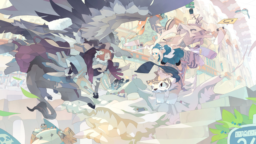 3girls akitsu_taira animal_ears apron arms_behind_head bike_shorts bird blonde_hair blue_eyes blurry brown_hair bucket candle chicken city depth_of_field dress dual_wielding fantasy frog gourd griffin highres holding horns izumi_luna_(akitsu_taira) leaf long_hair looking_at_another looking_back monster mouse multiple_girls octopus original plant potted_plant riding road_sign short_hair sign smirk stairs sword tiger weapon
