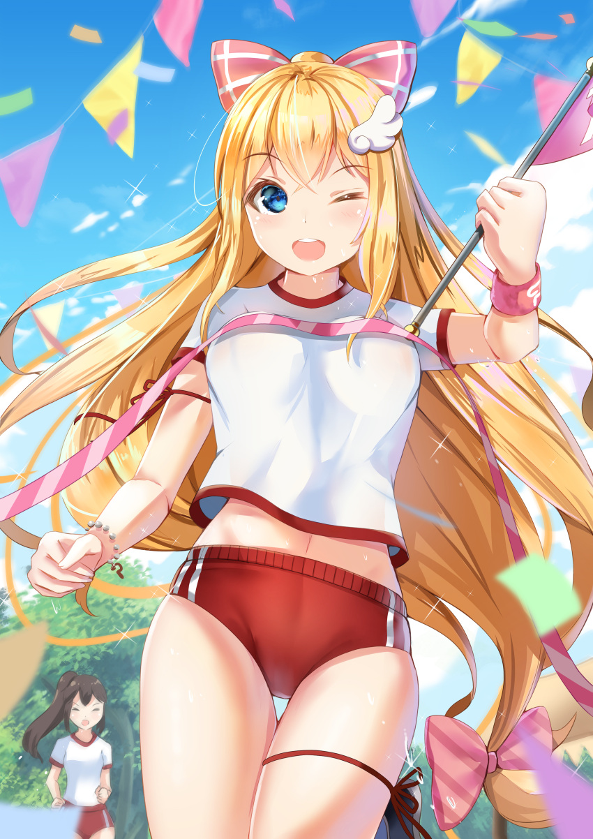 2girls :d ;d absurdres blonde_hair blue_eyes blue_sky blush bow brown_hair buruma closed_eyes clouds commentary_request confetti day diagonal_stripes flag gym_shirt gym_uniform hair_bow high_ponytail highres holding holding_flag holmemee long_hair low-tied_long_hair multiple_girls navel one_eye_closed open_mouth original outdoors pennant pink_bow ponytail red_buruma round_teeth shirt short_sleeves sky smile solo_focus sparkle string_of_flags striped striped_bow sweat teeth thigh_gap upper_teeth v-shaped_eyebrows white_shirt wing_hair_ornament