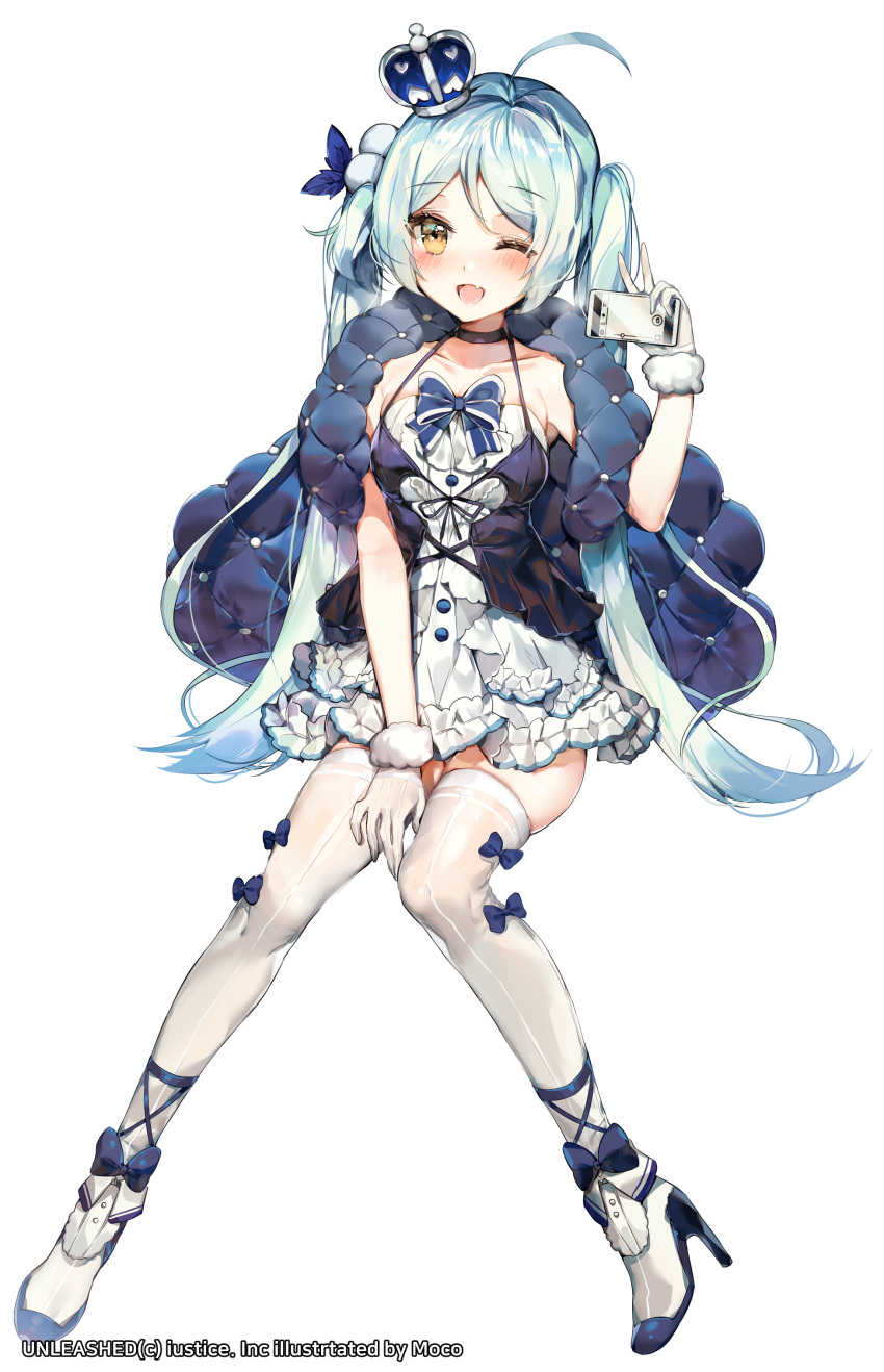 1girl ;d absurdres ahoge aqua_hair bangs black_choker blush breasts brown_eyes cellphone choker collarbone crown dress eyebrows_visible_through_hair fang frilled_dress frills full_body gloves hair_bobbles hair_ornament halterneck hand_up high_heels highres holding holding_phone long_hair looking_at_viewer mini_crown official_art one_eye_closed onew open_mouth phone shoes simple_background small_breasts smartphone smile solo thigh-highs tilted_headwear twintails unleashed v very_long_hair watermark white_background white_dress white_footwear white_gloves white_legwear