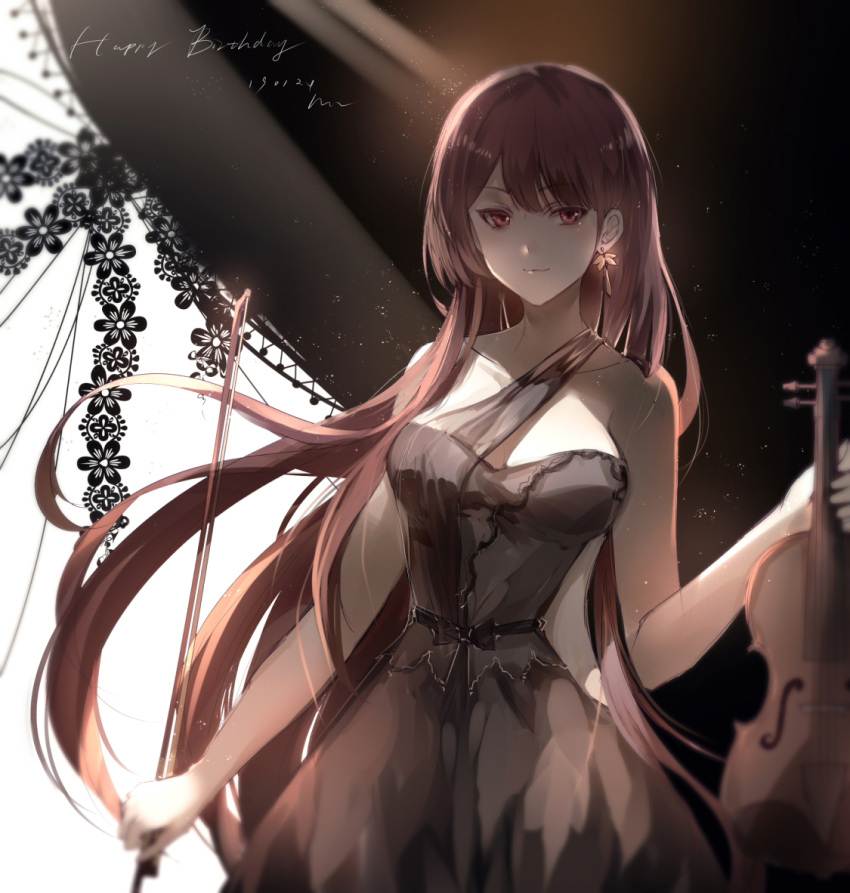 1girl alternate_hairstyle black_dress collarbone dated dress earrings formal girls_frontline hair_down happy_birthday instrument jewelry kleinlight light_particles light_rays long_hair looking_at_viewer purple_hair red_eyes signature sleeveless sleeveless_dress smile solo violin wa2000_(girls_frontline)