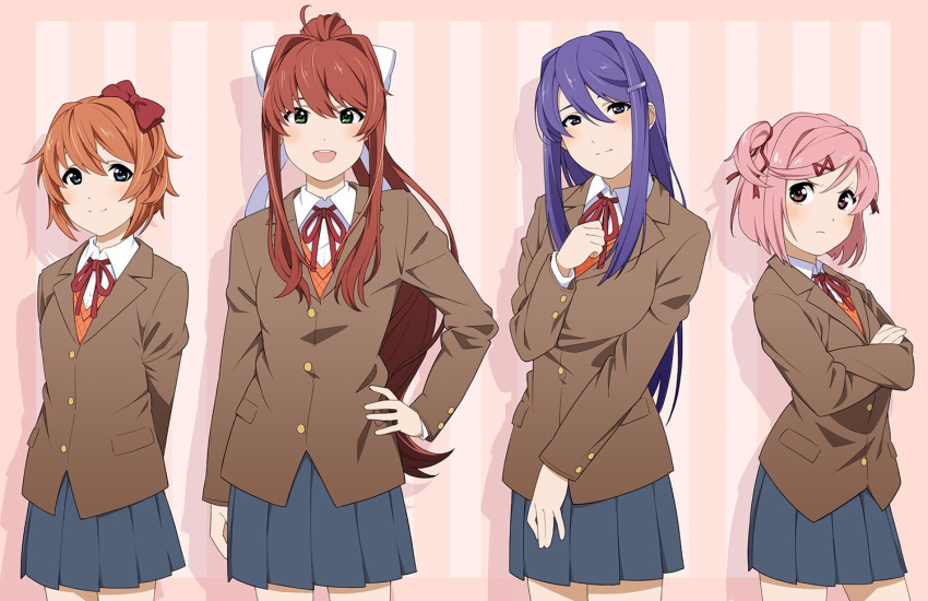 4girls :d arms_behind_back bangs blue_eyes blue_skirt bow brown_hair brown_jacket commentary cowboy_shot crossed_arms doki_doki_literature_club frown green_eyes hair_between_eyes hair_bow hair_ornament hair_ribbon hairclip hand_on_hip jacket long_hair long_sleeves looking_at_viewer monika_(doki_doki_literature_club) multiple_girls natsuki_(doki_doki_literature_club) open_mouth pink_eyes pink_hair pleated_skirt ponytail red_bow red_ribbon ribbon sayori_(doki_doki_literature_club) school_uniform shirt short_hair sidelocks skirt smile suzushiro_(suzushiro333) two_side_up very_long_hair violet_eyes white_ribbon white_shirt yuri_(doki_doki_literature_club)