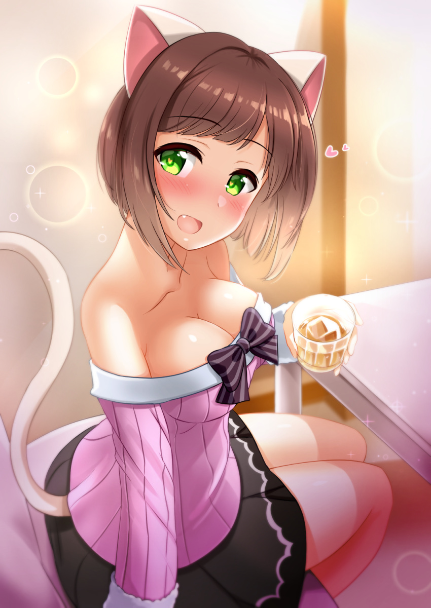 1girl :d animal_ears bare_shoulders black_skirt blush bow breasts brown_hair cat_ears cat_tail cleavage collarbone commentary_request cup eyebrows_visible_through_hair fang fur_trim green_eyes heart heart-shaped_pupils highres holding holding_cup ice idolmaster idolmaster_cinderella_girls indoors kibihimi large_breasts long_sleeves looking_at_viewer maekawa_miku off-shoulder_sweater open_mouth ribbed_sweater short_hair sitting skirt smile solo striped striped_bow sweater symbol-shaped_pupils tail