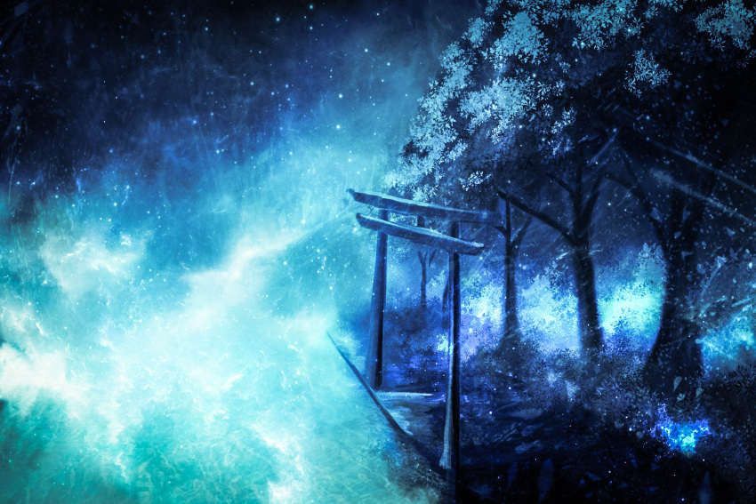 akyuun blue blurry commentary dark engrish_commentary forest highres landscape light light_particles nature no_humans original scenery torii tree