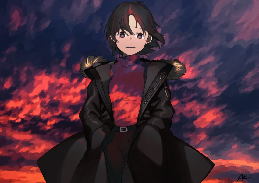 1girl belt black_hair black_jacket black_pants clouds cloudy_sky commentary_request copyright_request cowboy_shot fur_trim hands_in_pockets highres jacket long_jacket looking_at_viewer pants parted_lips shinoda_azuma shirt short_hair sky smile solo turtleneck twilight violet_eyes zipper zipper_pull_tab