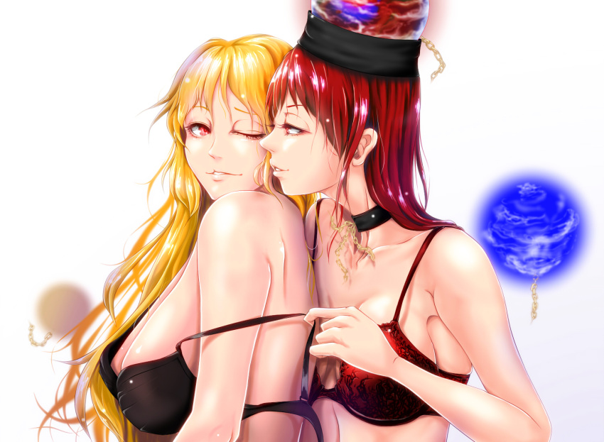 2girls black_bra black_choker blonde_hair bra bra_pull breasts chains choker commentary_request earth eye_contact hecatia_lapislazuli junko_(touhou) kazesayuru large_breasts long_hair looking_at_another medium_breasts moon multiple_girls one_eye_closed orb planet polos_crown red_bra red_eyes redhead sideboob touhou underwear undressing_another very_long_hair yuri