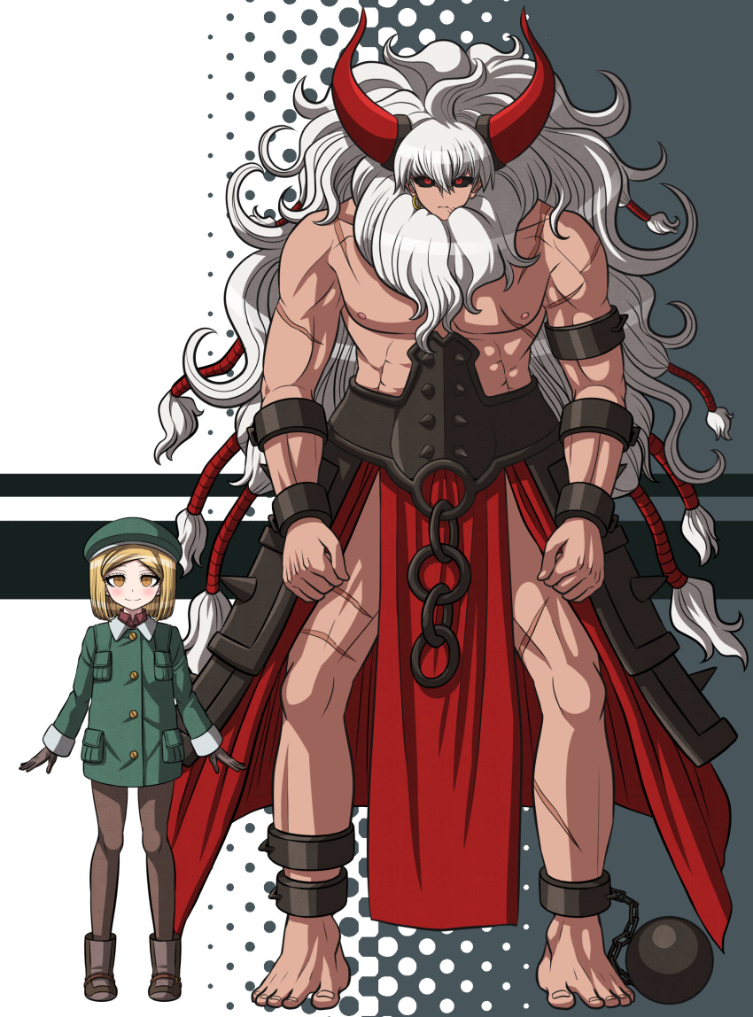 1boy 1girl asterios_(fate/grand_order) ball_and_chain barefoot beret black_sclera blonde_hair bob_cut boots brown_eyes brown_gloves chains clenched_hands closed_mouth coat cuffs dangan_ronpa earrings fate/grand_order fate_(series) full_body gloves green_coat halftone halftone_background hat highres horns jewelry komatsuzaki_rui_(style) long_hair pantyhose paul_bunyan_(fate/grand_order) red_eyes shackles simple_background skile two-tone_background very_long_hair white_hair yumaru_(marumarumaru)