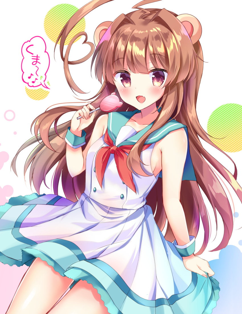 1girl :d adapted_costume ahoge animal_ears aqua_sailor_collar bear_ears blush brown_eyes brown_hair candy collarbone dress eighth_note eyebrows_visible_through_hair fang fingernails food highres holding holding_food huge_ahoge kantai_collection kuma_(kantai_collection) lollipop long_hair masayo_(gin_no_ame) musical_note neckerchief open_mouth red_neckwear sailor_collar sailor_dress smile solo wrist_cuffs