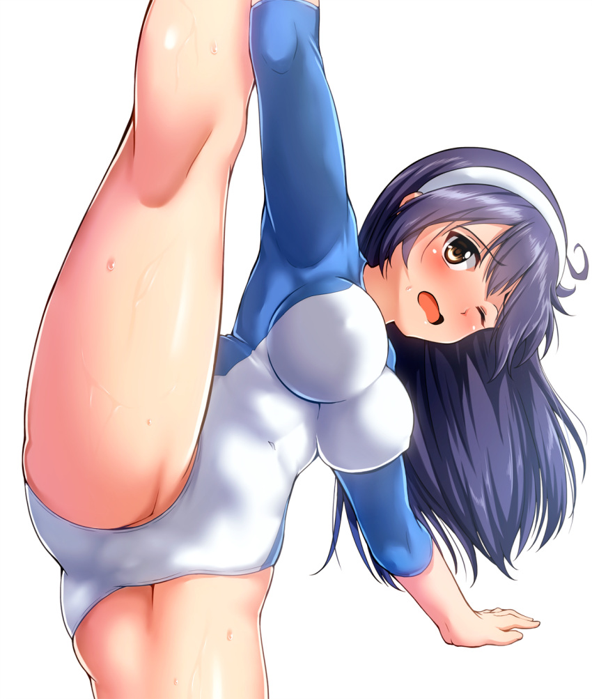 1girl arm_support ass bangs blush breasts commentary_request covered_navel erect_nipples eyebrows_visible_through_hair gym_uniform gymnastics hair_between_eyes hairband highres holding kantai_collection large_breasts leg_up leotard light_brown_eyes long_hair long_sleeves looking_at_viewer navel one_eye_closed open_mouth purple_hair rhythmic_gymnastics simple_background solo spread_legs standing sweat thighs ushio_(kantai_collection) white_background white_leotard zanntetu