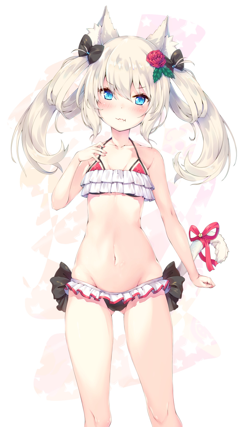 1girl absurdres akyorapenyo animal_ear_fluff animal_ears azur_lane bangs bare_arms bare_shoulders bell black_bikini_bottom black_bow blue_eyes blush bow cat_ears cat_girl cat_tail closed_mouth collarbone commentary_request eyebrows_visible_through_hair fang fang_out fingernails flower hair_between_eyes hair_bow hair_flower hair_ornament hammann_(azur_lane) hand_up highres jingle_bell looking_at_viewer nail_polish navel pink_nails red_bikini_top red_flower red_ribbon red_rose ribbon rose sidelocks silver_hair solo tail tail_bell tail_ribbon twintails v-shaped_eyebrows