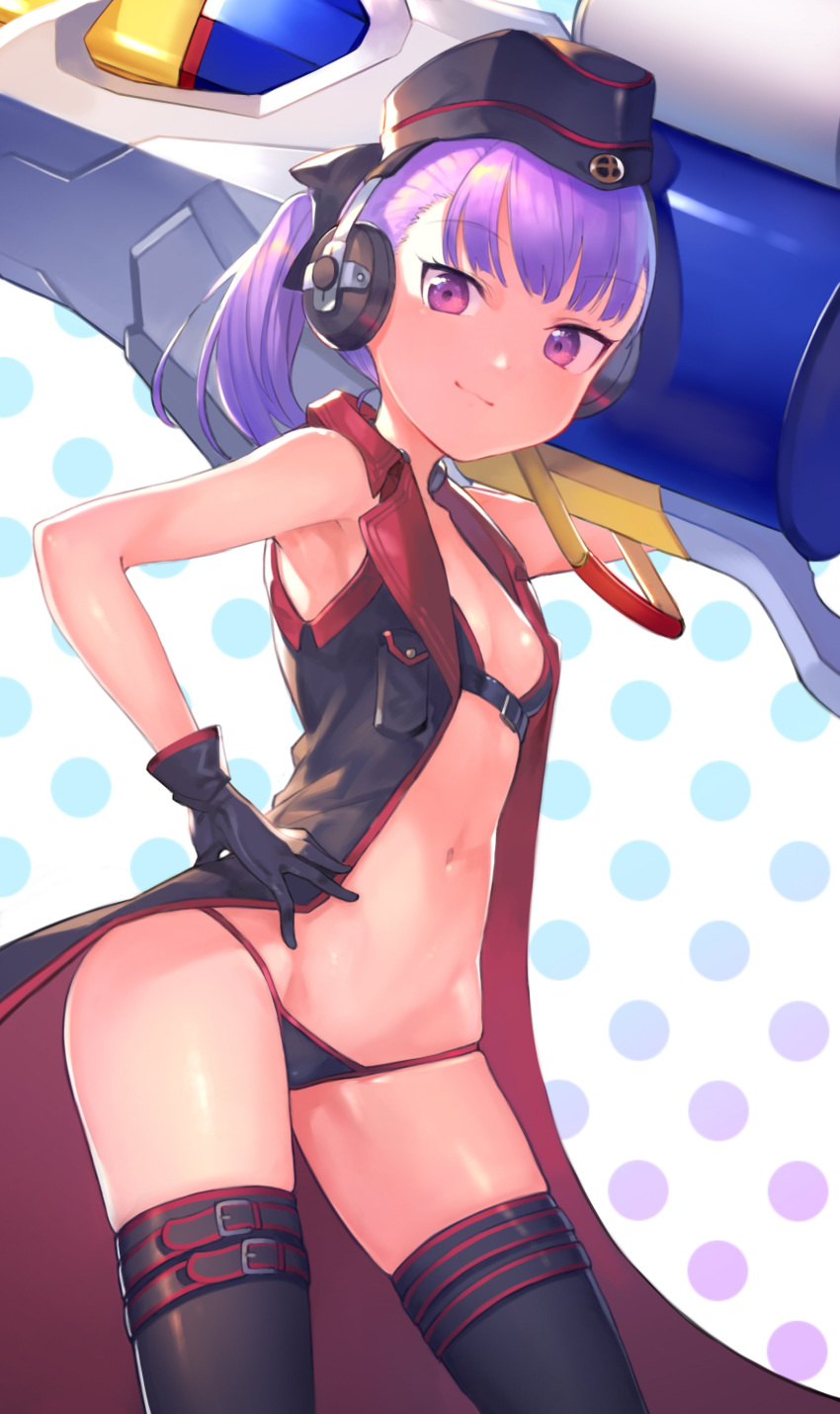 1girl absurdres bikini breasts coat cowboy_shot en@rain fate/grand_order fate_(series) garrison_cap gloves hat headphones helena_blavatsky_(fate/grand_order) helena_blavatsky_(swimsuit_archer)_(fate) highres holding holding_weapon looking_at_viewer navel open_clothes open_coat polka_dot polka_dot_background ponytail purple_hair short_hair small_breasts smile solo swimsuit thigh-highs violet_eyes weapon