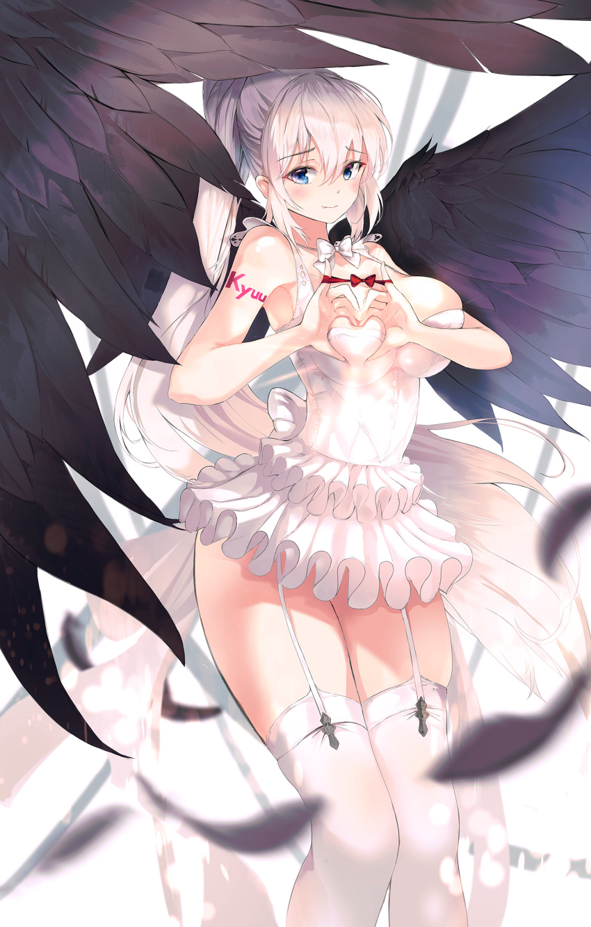 1girl absurdres bangs bare_arms bare_shoulders black_wings blush bow breasts closed_mouth collarbone deep_skin dress eyebrows_visible_through_hair feathered_wings feathers frilled_dress frilled_skirt frills garter_straps hair_between_eyes heart heart-shaped_boob_challenge heart_hands highres kooemong large_breasts long_hair looking_at_viewer original red_bow short_dress sidelocks skirt sleeveless sleeveless_dress smile solo thigh-highs white_dress white_hair white_legwear wings
