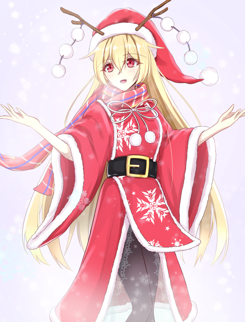 1girl :d belt black_legwear blonde_hair blush christmas dress eyebrows_visible_through_hair fake_antlers fur-trimmed_dress fur-trimmed_hat hair_between_eyes hat highres junko_(touhou) long_hair looking_at_viewer musteflott419 open_mouth outstretched_arms pantyhose red_dress red_eyes red_hat santa_hat scarf smile snow solo touhou very_long_hair