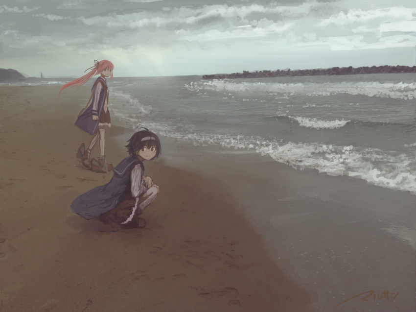 2girls artist_name bag beach blue_vest brown_eyes brown_hair brown_skirt closed_mouth clouds cloudy_sky commentary_request day grey_sky hairband hiyou_(warship_girls_r) jun'you_(warship_girls_r) kneeling long_hair long_sleeves looking_at_viewer looking_to_the_side marusan_liliil multiple_girls ocean outdoors pink_hair pleated_skirt ponytail shirt short_hair signature skirt sky smile squatting standing thigh-highs vest warship_girls_r waves white_legwear white_shirt