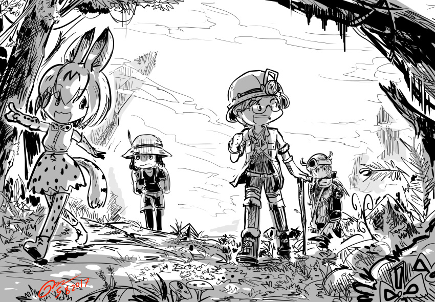 1boy 3girls commentary english_commentary gapangman greyscale hat_feather helmet highres kaban_(kemono_friends) kemono_friends made_in_abyss monochrome multiple_girls pantyhose pith_helmet regu_(made_in_abyss) riko_(made_in_abyss) serval_(kemono_friends) signature tagme thigh-highs