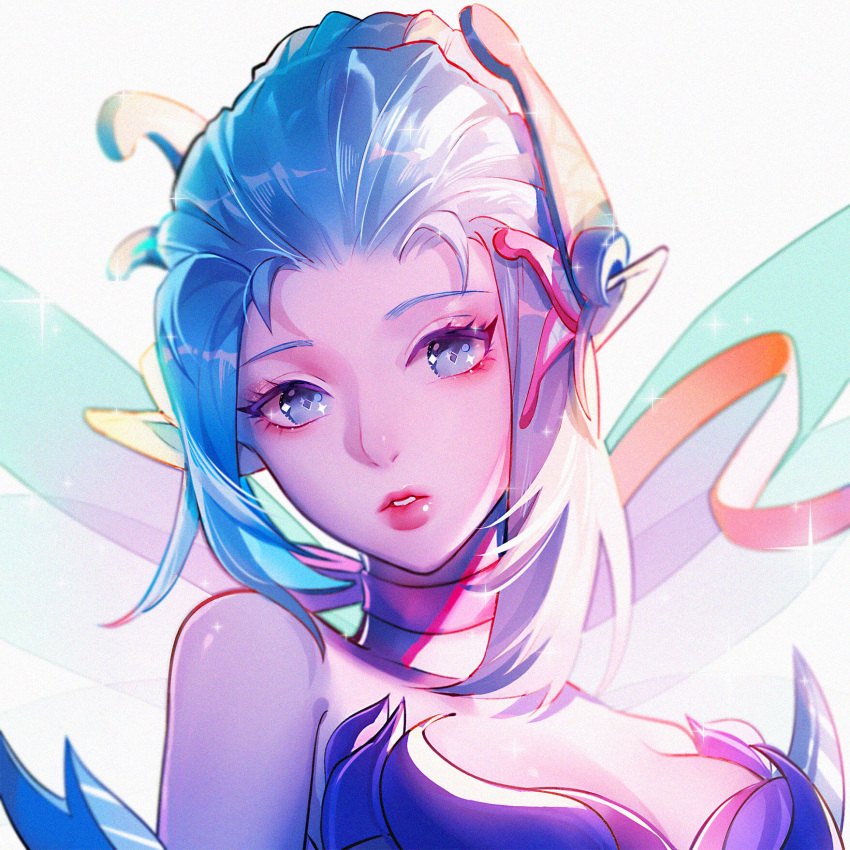 1girl alternate_costume bare_shoulders blue_eyes blue_hair breasts choker collarbone dress eyelashes eyeliner eyeshadow fairy_wings from_side hair_bun hair_ornament highres looking_at_viewer looking_to_the_side makeup mechanical_wings medium_breasts mercy_(overwatch) overwatch parted_lips pink_lips pointy_ears portrait purple_dress ribbon_choker road_233 simple_background sleeveless sleeveless_dress solo sparkle sparkling_eyes sugar_plum_fairy_mercy white_background wings