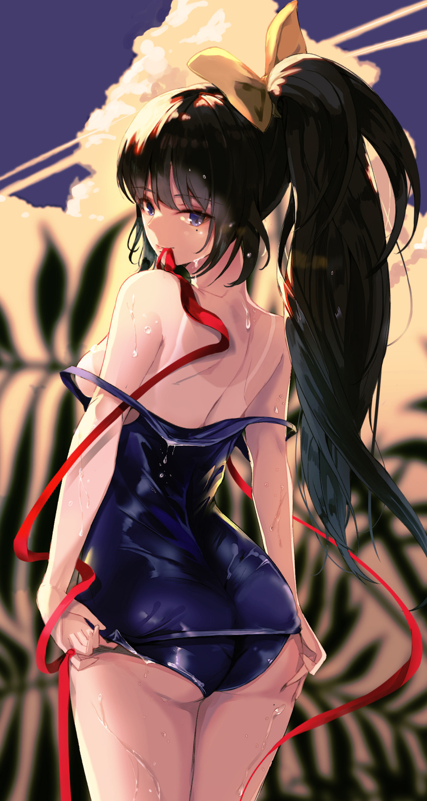 1girl ass back bangs bare_shoulders black_hair blue_eyes blue_sky blue_swimsuit bow breasts clouds cloudy_sky day deep_skin eyebrows_visible_through_hair from_behind hair_bow highres kooemong long_hair looking_at_viewer looking_back medium_breasts mole mole_on_thigh mole_under_eye mouth_hold one-piece_swimsuit one-piece_tan original outdoors ponytail pulled_by_self red_ribbon ribbon school_swimsuit shoulder_blades sideboob skin_tight sky small_breasts smile solo standing swimsuit swimsuit_pull tan tanline very_long_hair wet wet_clothes wet_hair wet_swimsuit yellow_bow