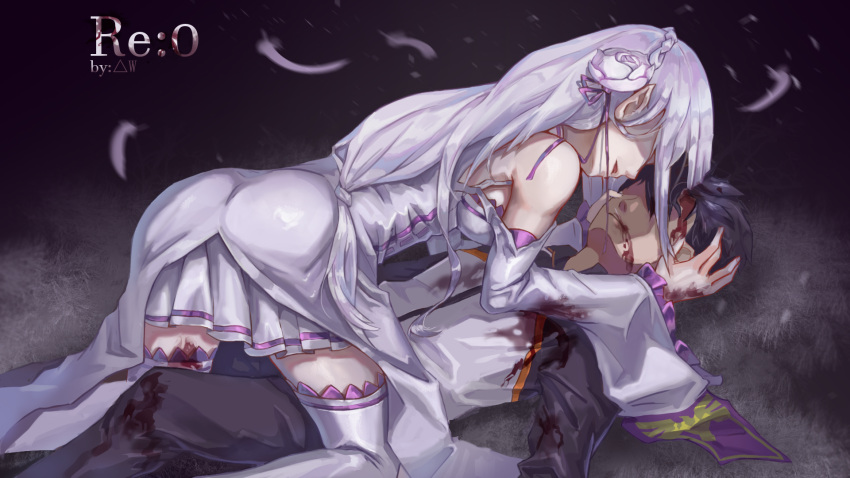 1boy 1girl artist_name black_pants black_sleeves blood blood_from_mouth blood_on_face bloody_clothes boots braid copyright_name crown_braid detached_sleeves emilia_(re:zero) flower frilled_sleeves frills girl_on_top hair_flower hair_ornament hair_over_one_eye hair_ribbon highres jacket long_hair long_sleeves low-tied_long_hair lying miniskirt natsuki_subaru on_back open_mouth pants pleated_skirt purple_ribbon re:zero_kara_hajimeru_isekai_seikatsu ribbon rose silver_hair skirt thigh-highs thigh_boots track_jacket very_long_hair wangxiii white_feathers white_flower white_footwear white_rose white_skirt white_sleeves wide_sleeves zettai_ryouiki