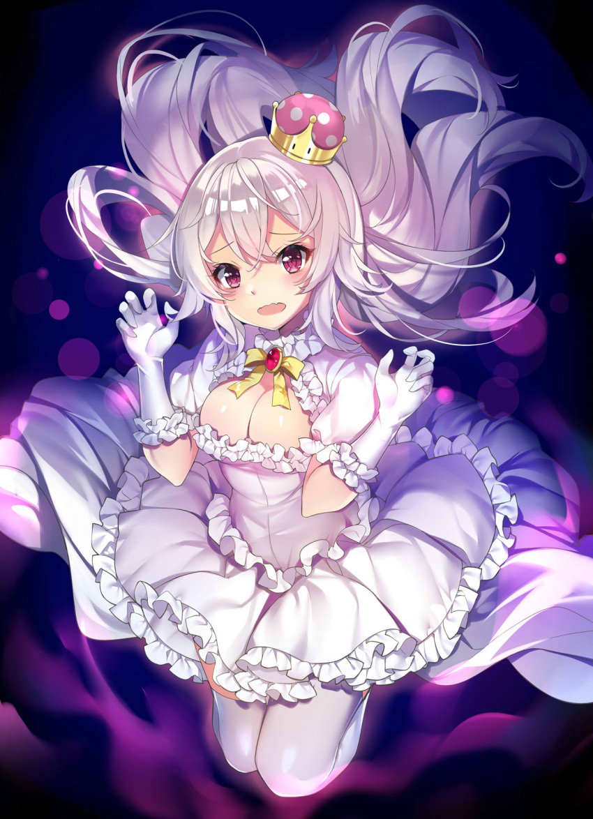 1girl bangs blush bow bowtie breasts cleavage collar commentary_request crown dress eyebrows_visible_through_hair frilled_collar frilled_dress frilled_gloves frills ghost_pose gloves hair_between_eyes highres jewelry kikistark large_breasts long_hair looking_at_viewer luigi's_mansion mini_crown open_mouth pale_skin princess_king_boo ribbon solo standing super_crown tilted_headwear violet_eyes white_dress white_gloves white_hair