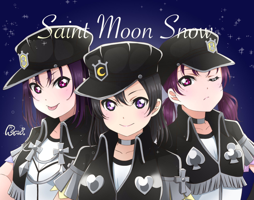 3girls 87025_runi alternate_hairstyle artist_name bangs black_hair choker commentary english_text group_name hair_down hat highres kazuno_leah kazuno_sarah long_hair looking_at_viewer love_live! love_live!_sunshine!! love_live!_sunshine!!_the_school_idol_movie_over_the_rainbow low_twintails medium_hair multiple_girls one_eye_closed pink_eyes purple_hair short_sleeves side_ponytail signature tongue tongue_out twintails violet_eyes watanabe_tsuki what_if