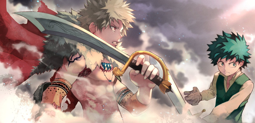 2boys 55level alternate_costume alternate_weapon bakugou_katsuki beige_shirt blonde_hair boku_no_hero_academia cape clenched_teeth clouds commentary_request detached_sleeves earrings freckles green_eyes green_hair highres holding holding_sword holding_weapon jewelry looking_to_the_side male_focus midoriya_izuku multiple_boys necklace orange_sleeves outdoors red_cape saber_(weapon) shirt short_hair spiky_hair sweater_vest sword tattoo teeth topless upper_body weapon