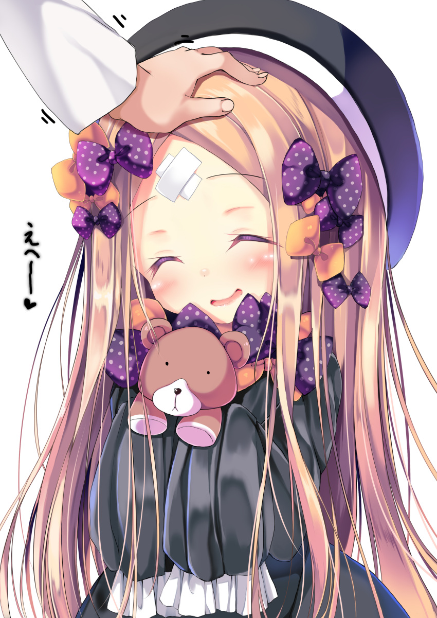 1girl :d ^_^ abigail_williams_(fate/grand_order) absurdres bangs black_dress black_hat blonde_hair blush bow closed_eyes closed_eyes crossed_bandaids dress facing_viewer fate/grand_order fate_(series) fingernails hair_bow hands_up hat head_tilt heart highres holding holding_stuffed_animal long_hair long_sleeves neko_pan open_mouth orange_bow out_of_frame parted_bangs petting polka_dot polka_dot_bow purple_bow simple_background sleeves_past_fingers sleeves_past_wrists smile solo_focus stuffed_animal stuffed_toy teddy_bear translation_request very_long_hair white_background
