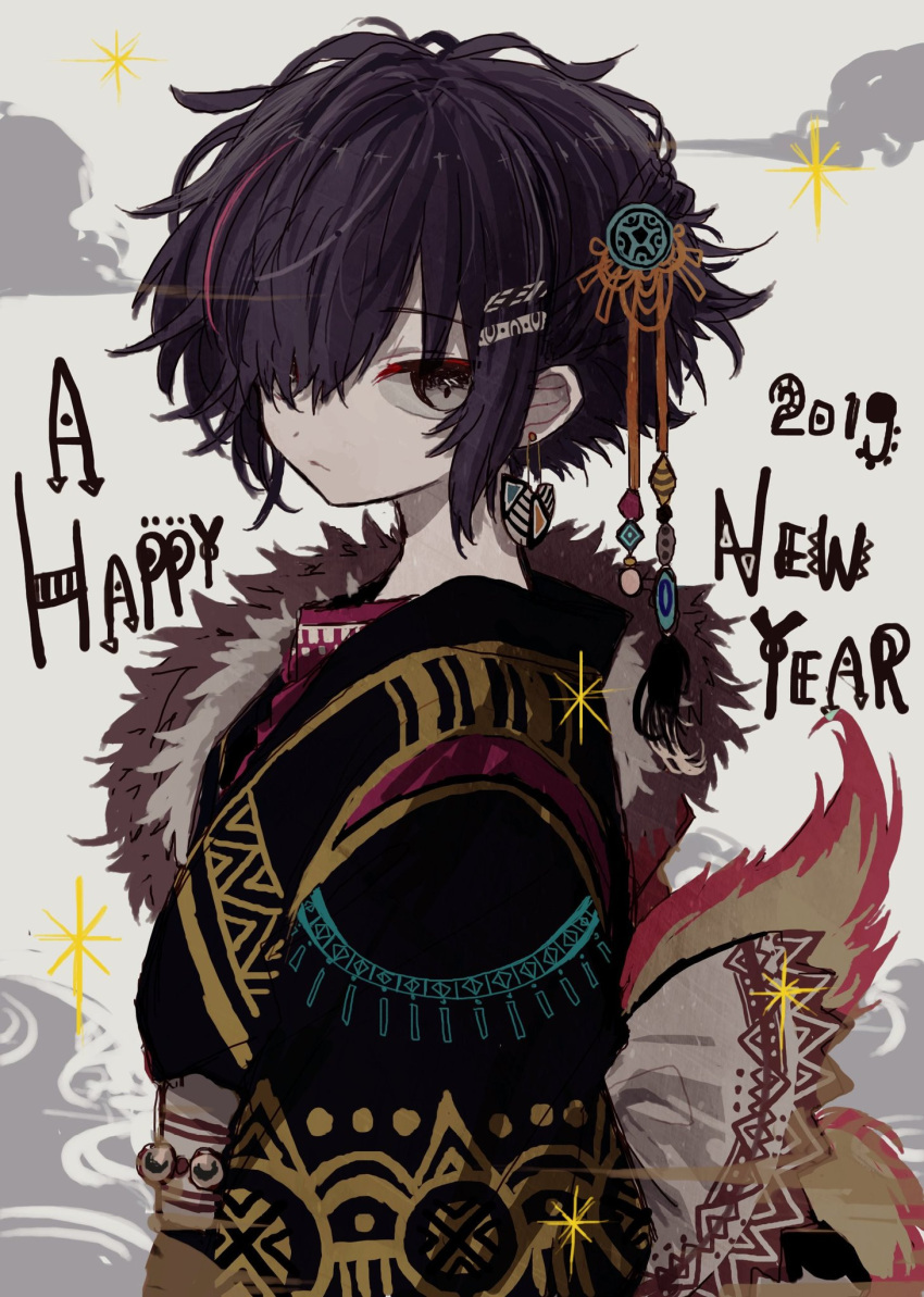 1girl azsn10 black_hair clouds earrings english_text eyebrows_visible_through_hair from_side fur_trim grey_background grey_eyes hair_ornament hair_over_one_eye happy_new_year highres jewelry looking_at_viewer new_year original short_hair solo upper_body