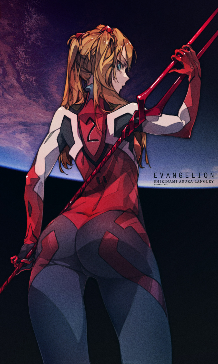 arm_up artist_name ass blue_eyes bodysuit character_name commentary copyright_name cowboy_shot earth from_behind hair_ornament highres holding holding_weapon lance long_hair looking_at_viewer looking_back neon_genesis_evangelion number orange_hair plugsuit polearm rebuild_of_evangelion red_bodysuit skin_tight souryuu_asuka_langley twintails v-shaped_eyebrows weapon zxzx121222