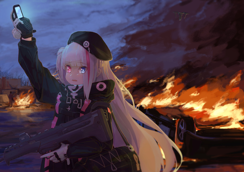1girl bag bangs beret black_hat blue_eyes burning cellphone desert_tech_mdr drone eyebrows_visible_through_hair eyes_visible_through_hair fire flip_phone girls_frontline gloves grey_hair gsong-chan gun hat heterochromia highres load_bearing_vest long_hair looking_at_viewer mdr_(girls_frontline) multicolored_hair night night_sky one_side_up open_mouth phone pink_eyes pink_hair pom_pom_(clothes) shoulder_bag sidelocks signal_bar sky smoke solo strap streaked_hair trigger_discipline vehicle weapon