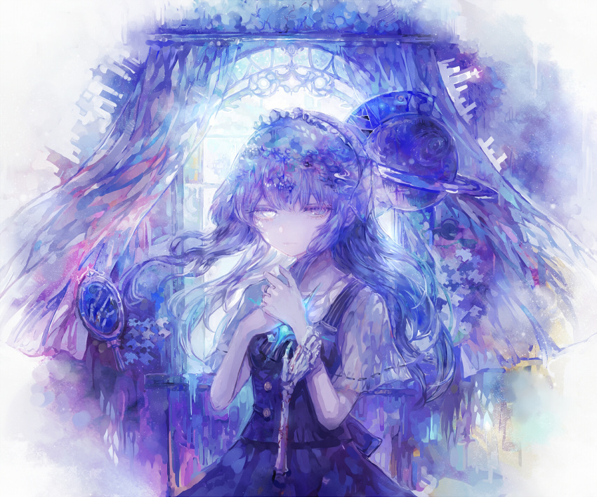 1girl bangs curtains dim_psyder half-closed_eyes heterochromia jewelry jigsaw_puzzle long_hair looking_at_viewer mirror original planet puzzle ring saturn short_sleeves skeletal_arm solo surreal upper_body window