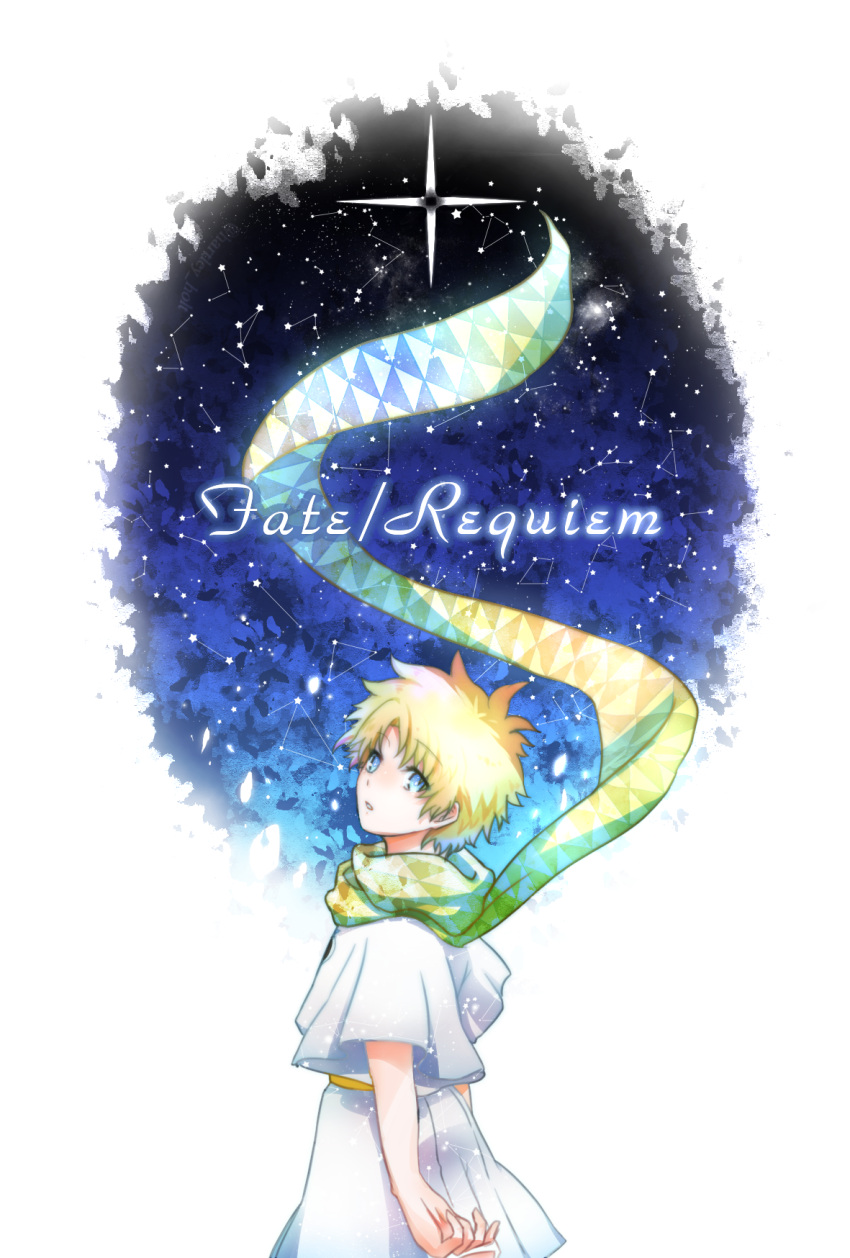 1boy blonde_hair bloom blue_eyes constellation copyright_name cowboy_shot fate/requiem fate_(series) goyou_(kageroi) highres looking_back male_focus night night_sky oval petals scarf short_sleeves sky solo star voyager_(fate/requiem)