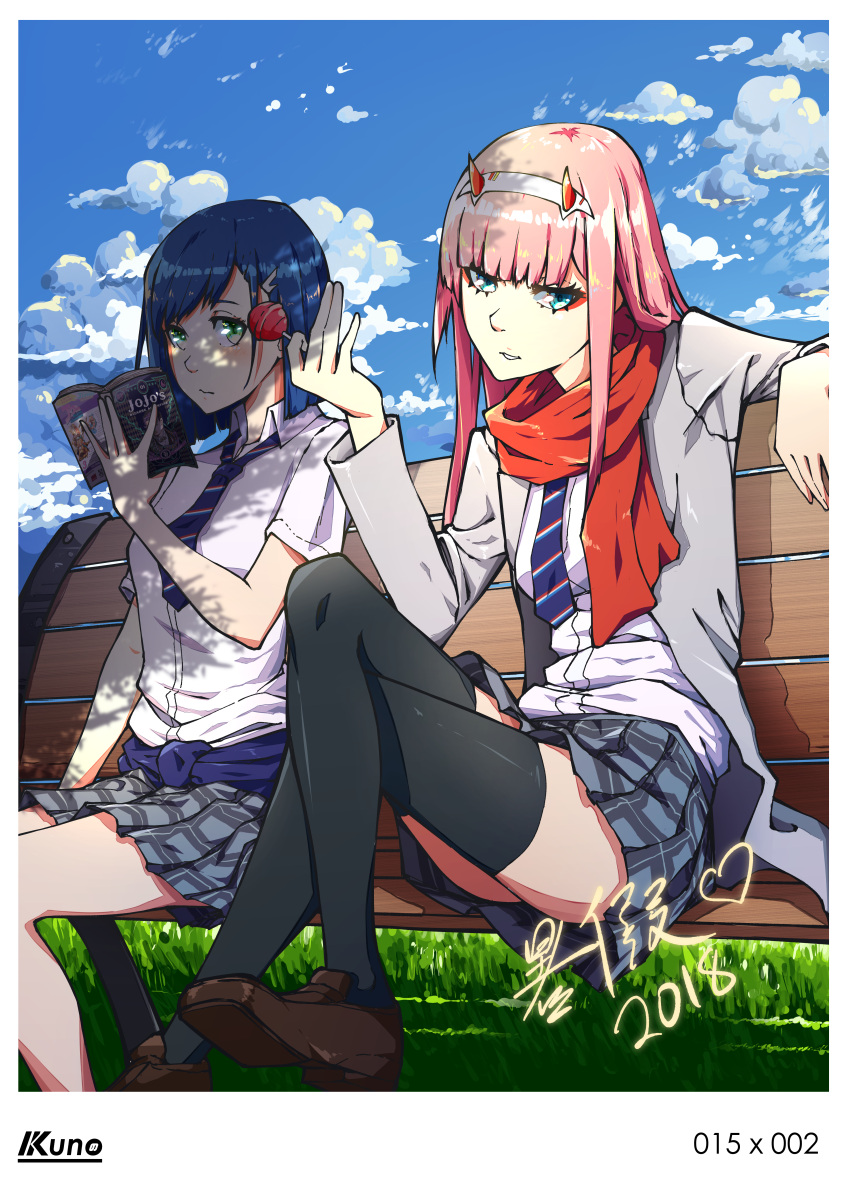 2girls absurdres artist_name bench black_legwear blue_eyes blue_hair blue_sky blush border candy clouds comic darling_in_the_franxx dress_shirt food green_eyes highres huge_filesize ichigo_(darling_in_the_franxx) jojo_no_kimyou_na_bouken kuno_(runkunochan) legs_crossed loafers lollipop long_hair looking_at_viewer multiple_girls park_bench pink_hair plaid plaid_skirt red_scarf scarf shirt shoes short_hair skirt sky striped striped_neckwear thigh-highs white_border zero_two_(darling_in_the_franxx)