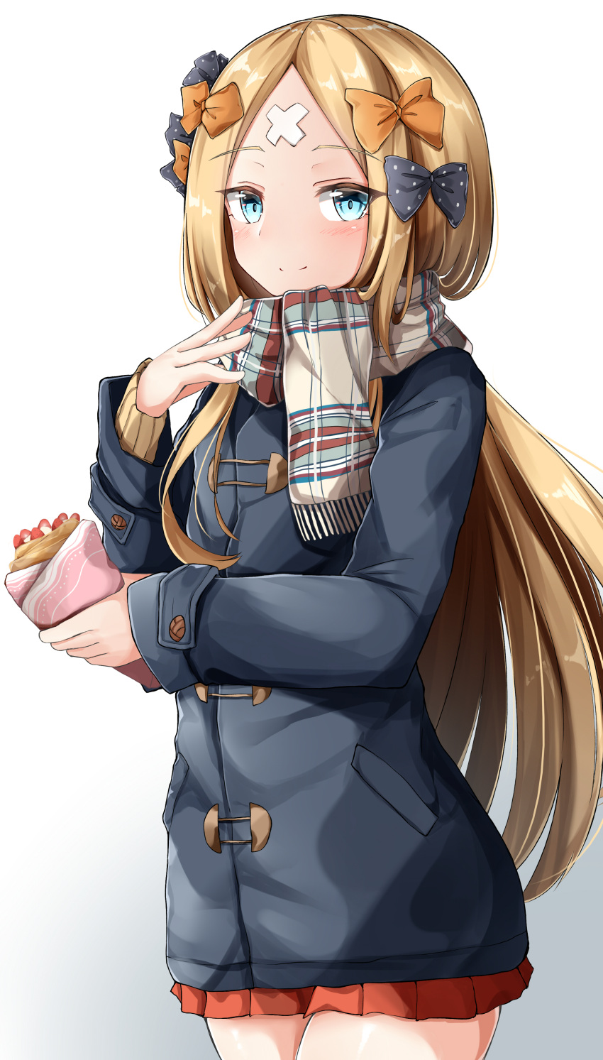 1girl abigail_williams_(fate/grand_order) absurdres bandaid_on_forehead bangs black_bow black_jacket blonde_hair blue_eyes blush bow casual closed_mouth contemporary crepe crossed_bandaids fate/grand_order fate_(series) food food_wrapper forehead fruit gradient gradient_background hair_bow highres jacket long_hair long_sleeves looking_at_viewer moyoron orange_bow orange_skirt parted_bangs plaid plaid_scarf pleated_skirt polka_dot polka_dot_bow scarf skirt smile solo strawberry white_background