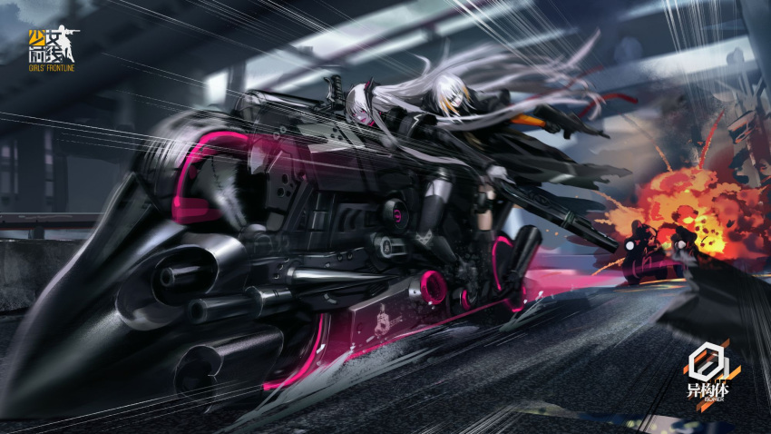 2girls 2others :p action assault_rifle bangs beak_(girls_frontline) black_coat black_footwear blonde_hair braid breasts corruption emblem explosion eyepatch floating_hair full_body girls_frontline gloves ground_vehicle gun hair_ornament highres holding holding_gun holding_weapon infukun jacket light_trail logo long_hair m16a1 m16a1_(girls_frontline) mole mole_under_eye motion_blur motor_vehicle motorcycle multicolored_hair multiple_girls multiple_others necktie official_art pale_skin riding rifle road sangvis_ferri scar shirt skirt smile streaked_hair tongue tongue_out violet_eyes weapon white_hair wind wind_lift yellow_eyes