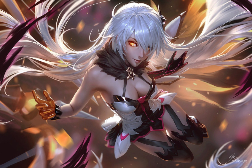 1girl ahoge armor armored_dress bangs bare_shoulders blurry blurry_background breasts cleavage dark_persona diamond-shaped_pupils dress elbow_gloves energy_wings eyebrows_visible_through_hair floating floating_hair fur-trimmed_dress gloves glowing glowing_eyes hair_between_eyes hair_ornament hands_up herrscher_of_the_void honkai_(series) honkai_impact_3 jewelry kiana_kaslana large_breasts light_particles long_hair looking_at_viewer medium_breasts raikoart red_lips sidelocks signature silver_hair single_elbow_glove smile solo symbol-shaped_pupils thigh-highs very_long_hair yellow_eyes