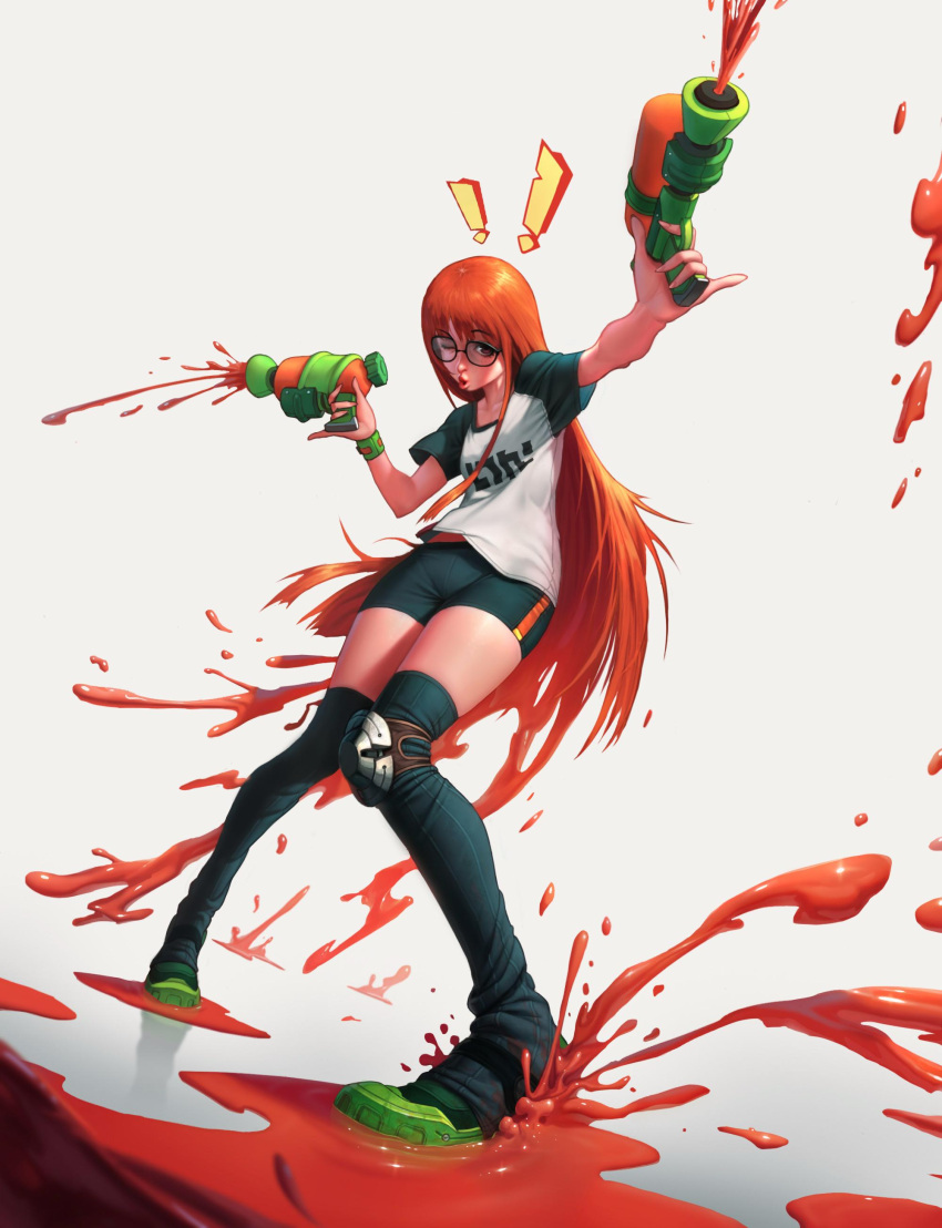 !! 1girl :o ;o absurdres alexander_terentyev bike_shorts black_legwear black_shorts brown_eyes dual_wielding glasses green_footwear gun highres holding holding_gun holding_weapon knee_pads long_hair looking_at_viewer one_eye_closed orange_hair paint paint_gun persona persona_5 sakura_futaba shirt shoes shorts solo splashing splatoon_(series) standing t-shirt thigh-highs very_long_hair weapon white_background