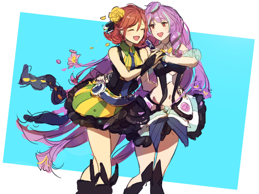 2girls :d black_legwear blue_neckwear bridal_gauntlets closed_eyes eyebrows_visible_through_hair floating_hair flower groin hair_flower hair_ornament hand_holding hand_on_another's_hip hat highlights holding holding_microphone kaname_buccaneer kneehighs long_hair macross macross_delta microphone midriff mikumo_guynemer miniskirt multicolored_hair multiple_girls nail_polish navel necktie open_mouth purple_hair purple_nails red_eyes red_hat rose shimatani_azu short_hair sketch skirt sleeveless smile standing stomach striped striped_skirt very_long_hair yellow_flower yellow_rose